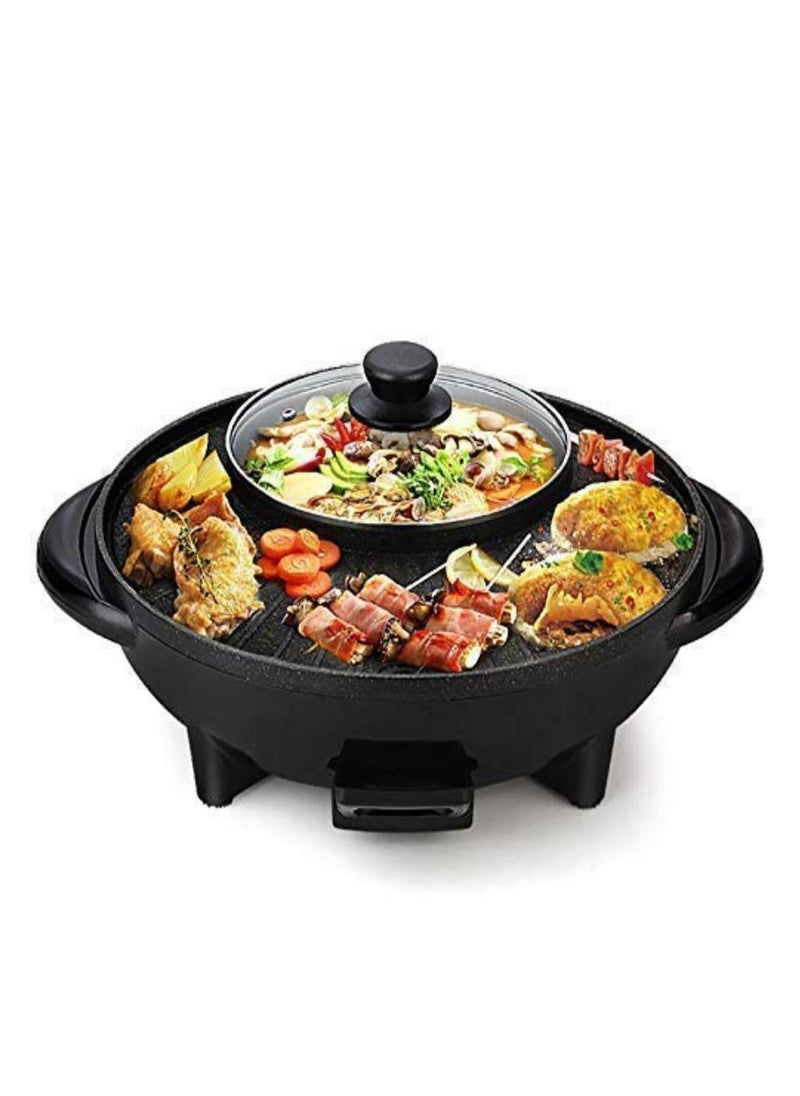 Electric 2 in 1 Hot Pot Grill, Barbecue Smoke free Grill Barbecue Hot Pot Double Pot Smokeless Shabu Korean BBQ Grill for Simmer, Boil, Fry, Roast (Black)