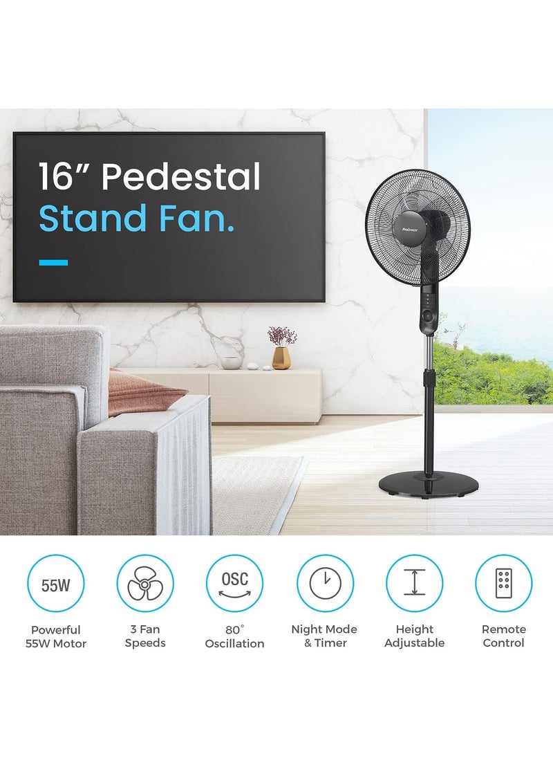 Pro Breeze 16-Inch Pedestal Fan with Remote Control and LED Display, 4 Operational Modes, 80° Oscillation, Adjustable Height & Pivoting Fan Head, Perfect for Homes, Offices and Bedrooms - Black