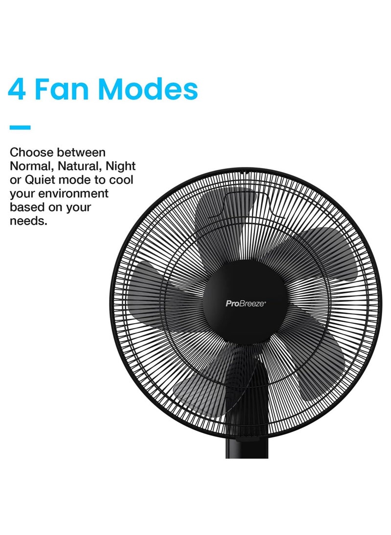 Pro Breeze 16-Inch Pedestal Fan with Remote Control and LED Display, 4 Operational Modes, 80° Oscillation, Adjustable Height & Pivoting Fan Head, Perfect for Homes, Offices and Bedrooms - Black