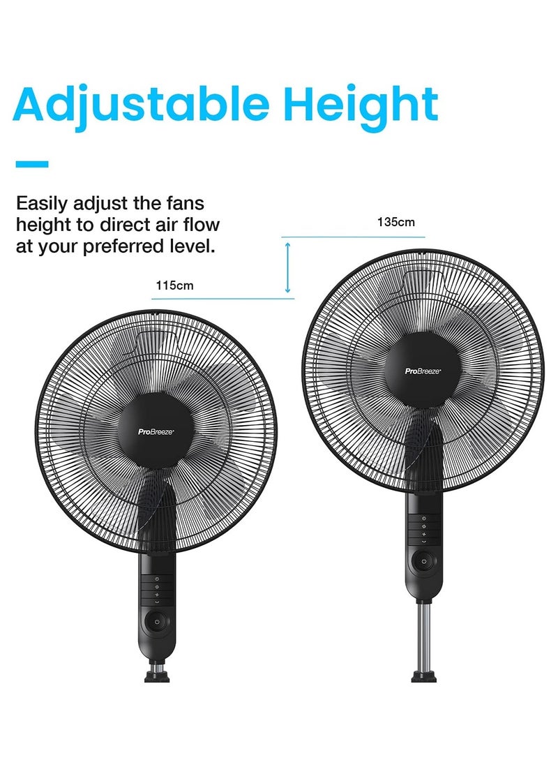 Pro Breeze 16-Inch Pedestal Fan with Remote Control and LED Display, 4 Operational Modes, 80° Oscillation, Adjustable Height & Pivoting Fan Head, Perfect for Homes, Offices and Bedrooms - Black