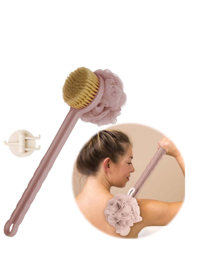 Back Scrubber for Shower Women Men, Bath Body Brush with Mesh Sponge, Soft Bristles and Loofah, Ergonomic Wavy Long Handle, Skin Exfoliating Brushing Set Wet or Dry, Purple