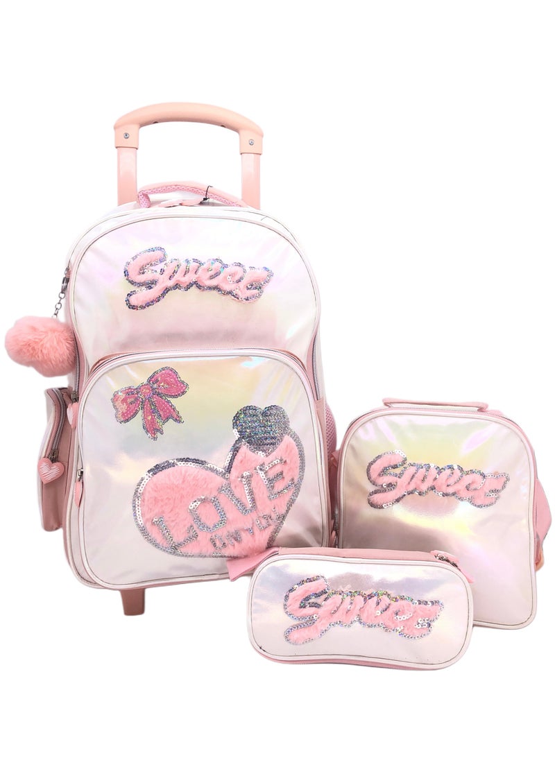 Peach Color Design Rolling Backpack 18 inch Wheeled Kids Backpack with Lunch Bag and Pencil Case for Girls Blue and Boys