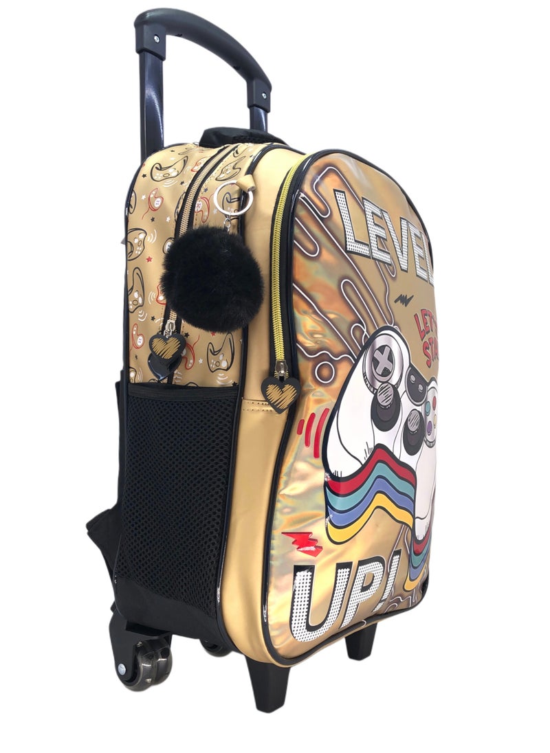 Gold Cansole Design Rolling Backpack 18 inch Wheeled Kids Backpack with Lunch Bag and Pencil Case for Boys Gold