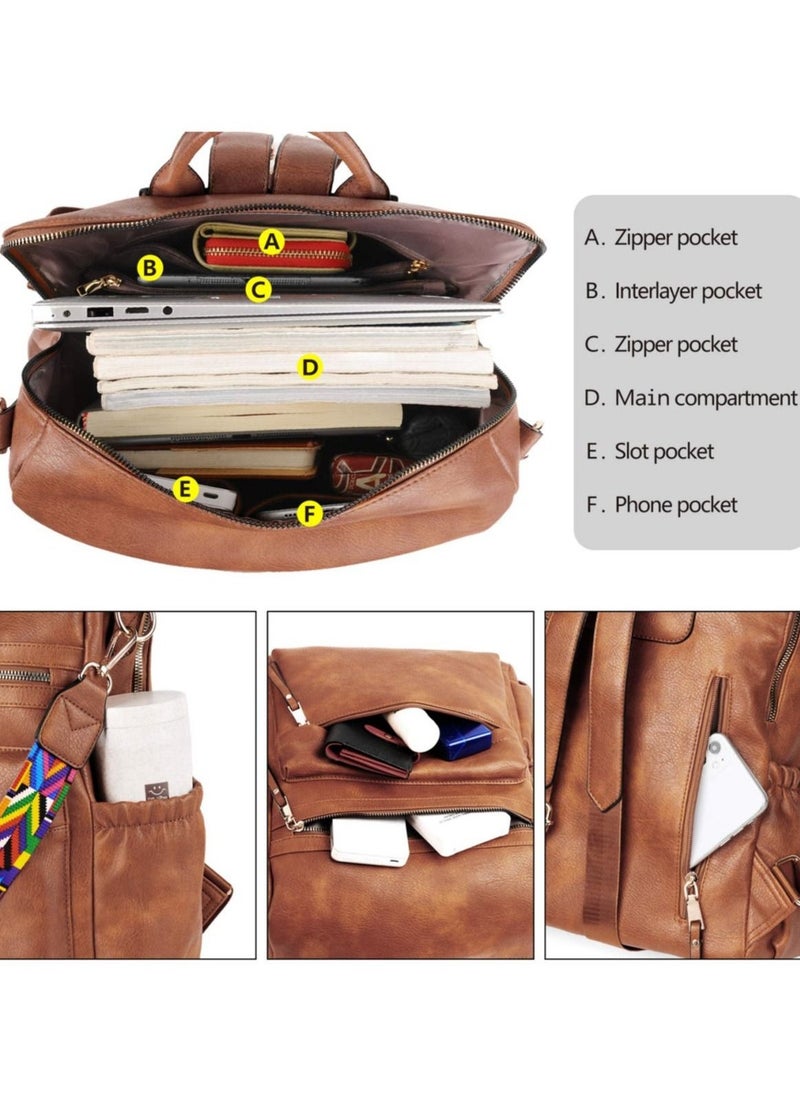 Fashion Leather Designed Travel College Shoulder Backpack with Colorful Strap - Brown