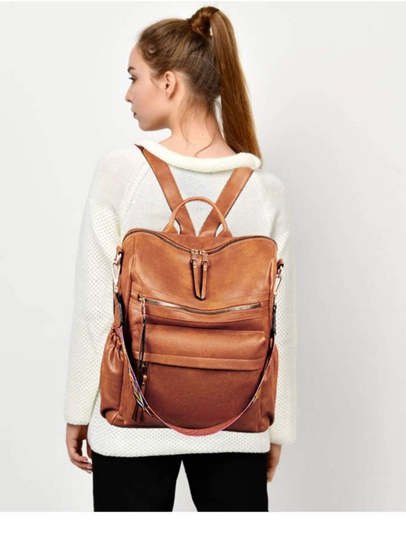 Fashion Leather Designed Travel College Shoulder Backpack with Colorful Strap - Brown