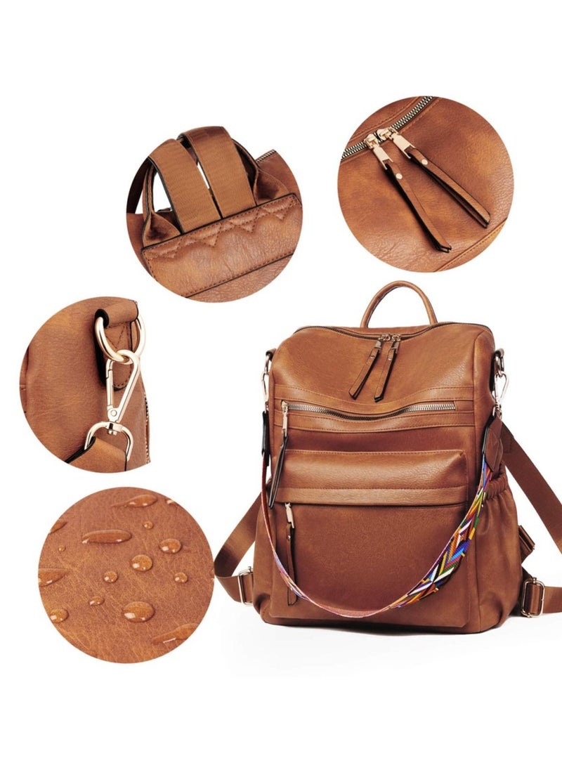 Fashion Leather Designed Travel College Shoulder Backpack with Colorful Strap - Brown