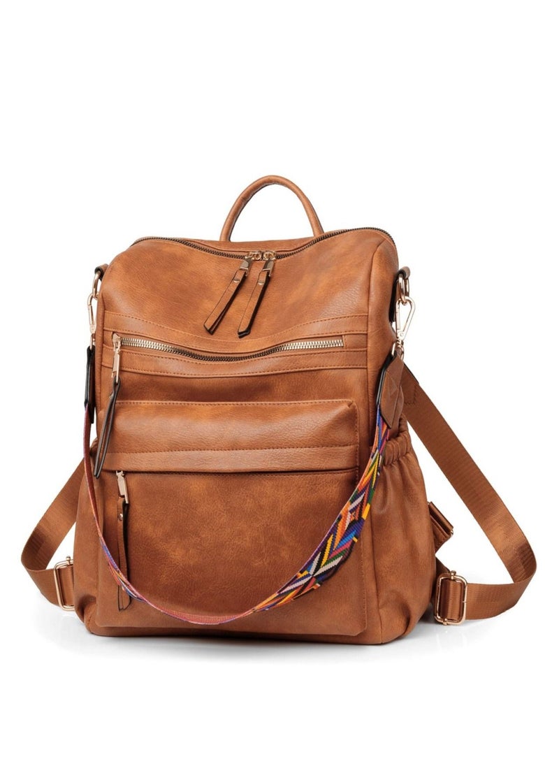 Fashion Leather Designed Travel College Shoulder Backpack with Colorful Strap - Brown