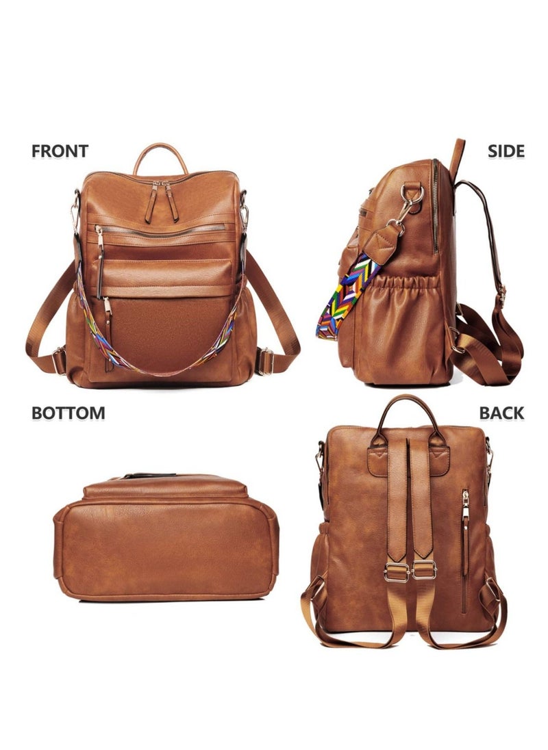 Fashion Leather Designed Travel College Shoulder Backpack with Colorful Strap - Brown