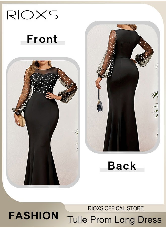 Womens Dotted Puff Sleeves Tulle Prom Long Dress Bodycon Mermaid Evening Party Gown Round Neck High Waist Slimming Dress for Formal Occasions