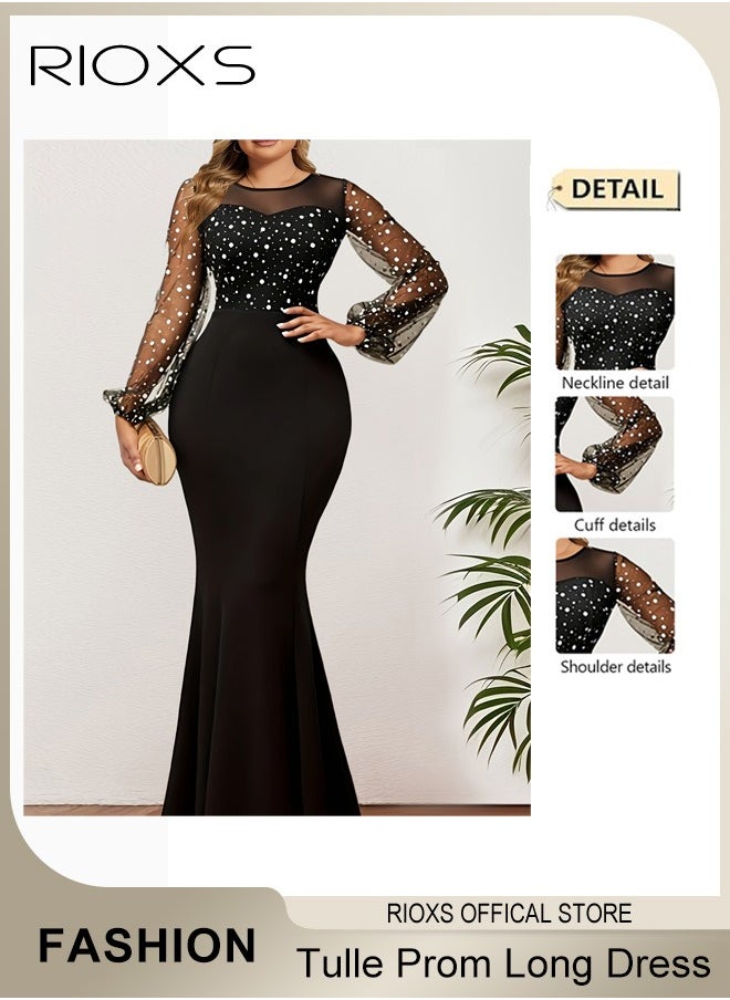 Womens Dotted Puff Sleeves Tulle Prom Long Dress Bodycon Mermaid Evening Party Gown Round Neck High Waist Slimming Dress for Formal Occasions