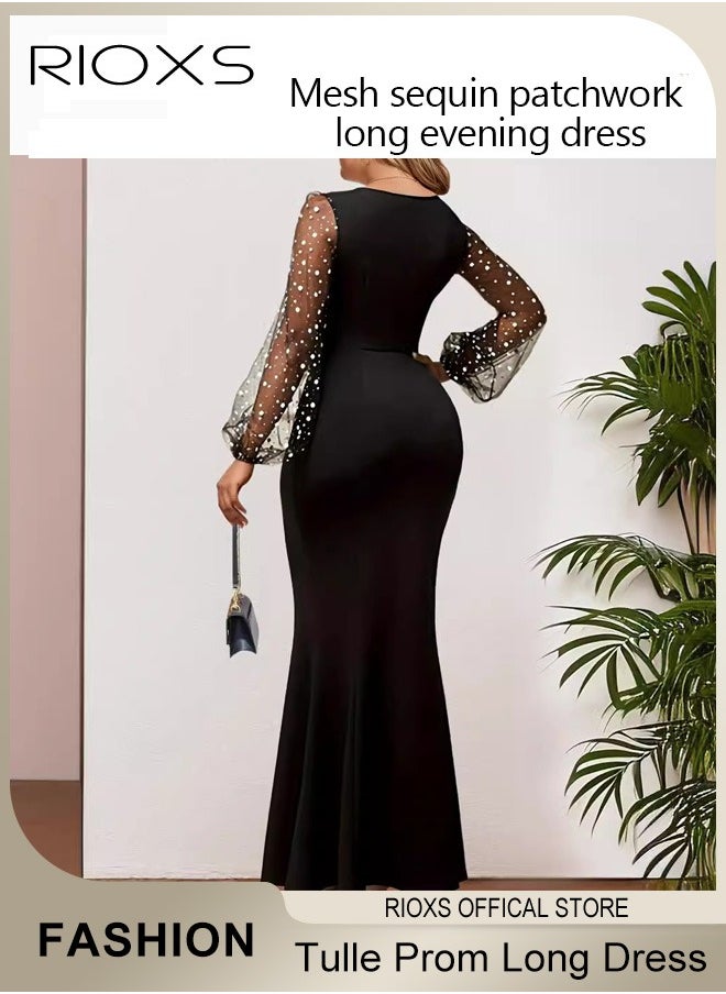 Womens Dotted Puff Sleeves Tulle Prom Long Dress Bodycon Mermaid Evening Party Gown Round Neck High Waist Slimming Dress for Formal Occasions