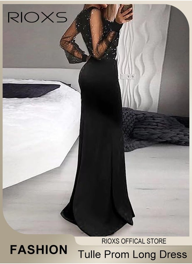 Womens Dotted Puff Sleeves Tulle Prom Long Dress Bodycon Mermaid Evening Party Gown Round Neck High Waist Slimming Dress for Formal Occasions