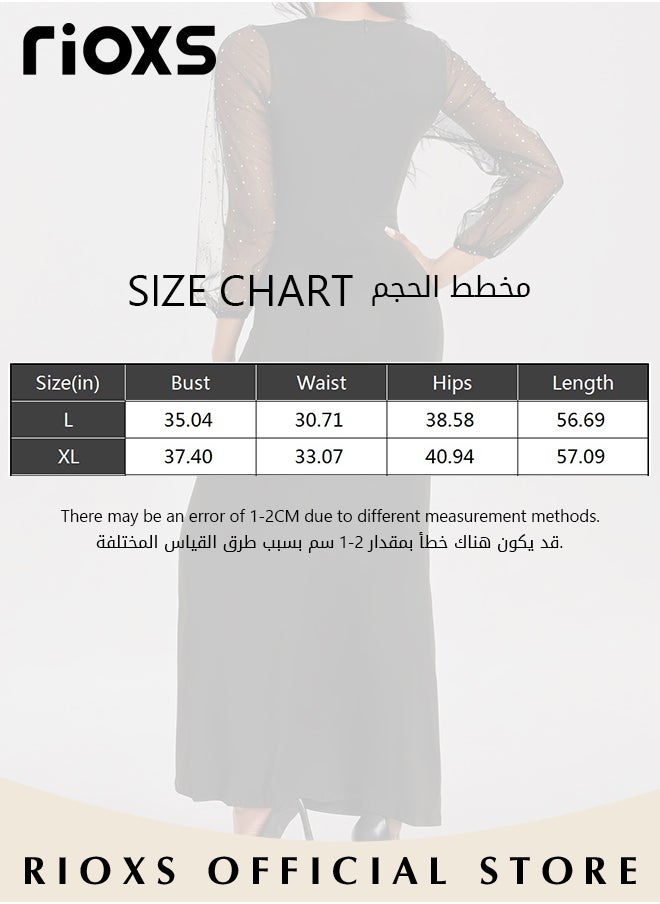 Womens Dotted Puff Sleeves Tulle Prom Long Dress Bodycon Mermaid Evening Party Gown Round Neck High Waist Slimming Dress for Formal Occasions