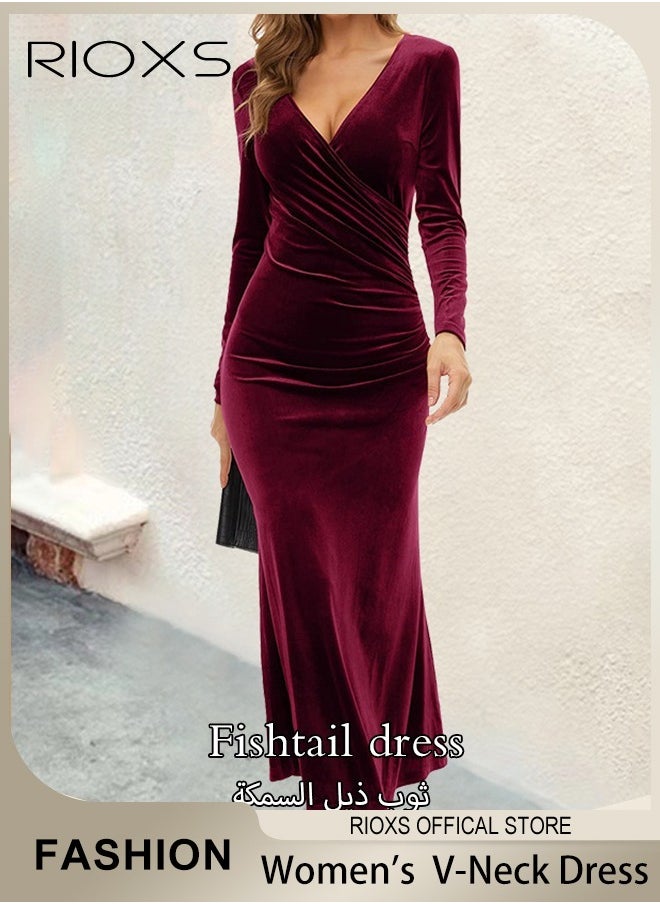 Women's Dresses V-neck Wrap Hip Skirt Long Sleeves Bodycon Dresses Elegant Fishtail Dress Evening Dress Party Wedding Maxi Dress For Party Club Night