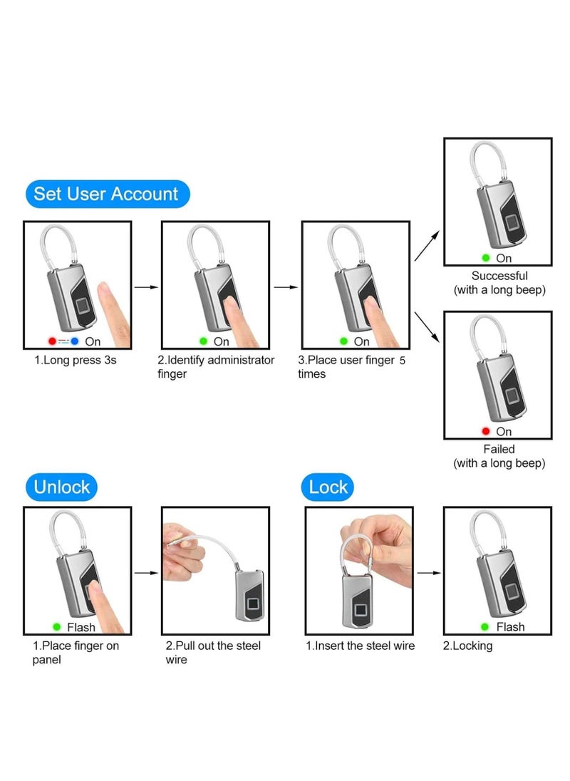 Fingerprint lock with Key Backup, Smart keyless Waterproof Fingerprint Padlock Ideal for Gym, Door, Luggage, Suitcase, Backpack, Bike, Office