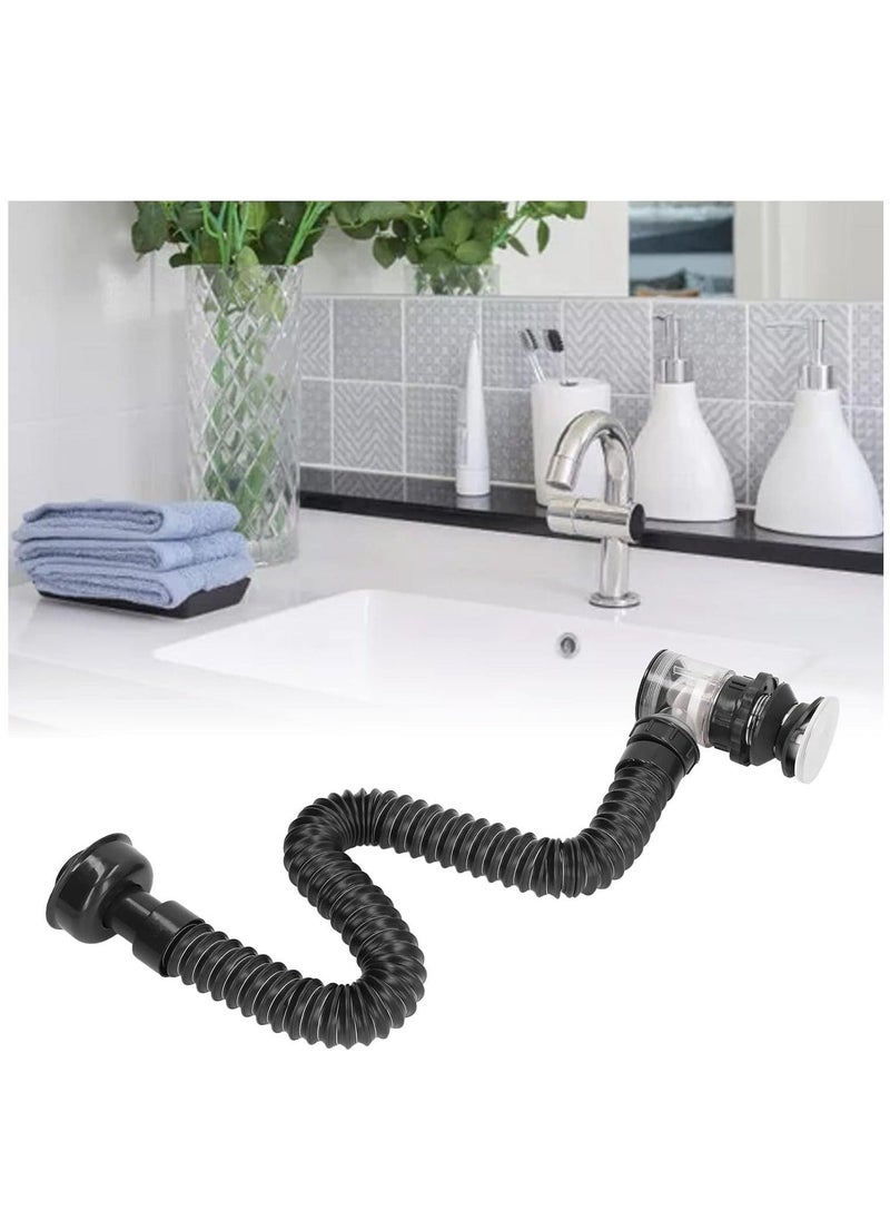 Bathroom Sink Drain Kit, Stainless Steel Expandable Sink Drain Pipe Kit, P Trap Sink Drain Pipe, Trap with Built in Anti Clogging Stopper, Integrated Wash Basin Sink Drain Pipe