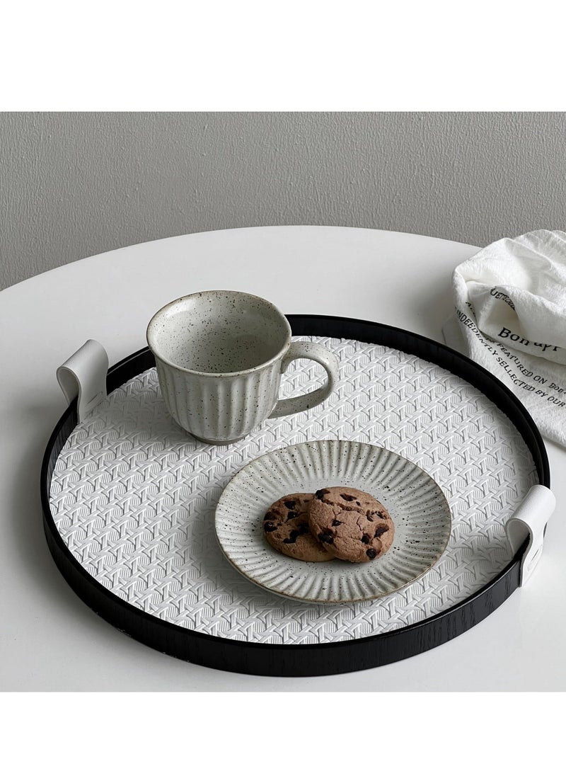 Leather Round Serving Tray with Black Wood Frame , 12