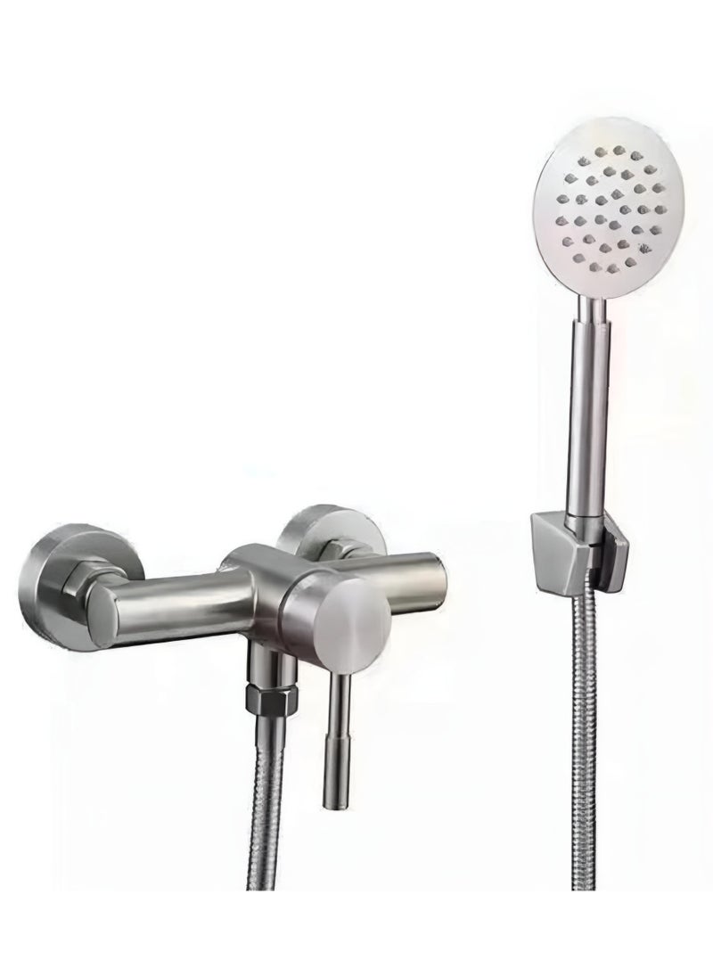 Bathroom Shower Mixer and Head Set, Single Lever Sink Taps with Wall Mounted Shower Kit, Brushed Silver