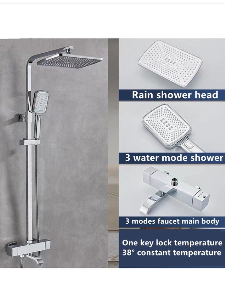 1-Set Shower System Triple Function Bathroom Shower Faucet Rainfall Shower Head with Handheld Adjustable Complete Set Tub Spout Wall Mount Tap Set Silver