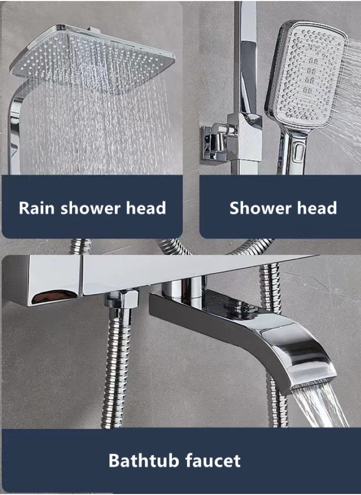 1-Set Shower System Triple Function Bathroom Shower Faucet Rainfall Shower Head with Handheld Adjustable Complete Set Tub Spout Wall Mount Tap Set Silver