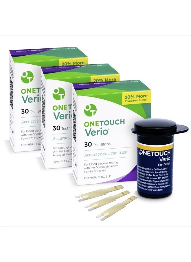 Verio Test Strips for Diabetes Value Pack - 90 Count | Diabetic Test Strips for Blood Sugar Monitor | Home Self Glucose Testing | 3 Boxes, 30 Test Strips Per Pack