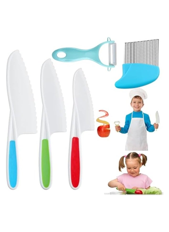 Knife Set, Kids Safe Plastic Kitchen Knife in 3 Sizes with Crinkle Cutter and Y Peeler, Kids Knife for Real Cooking Bread Chopping Vegetables