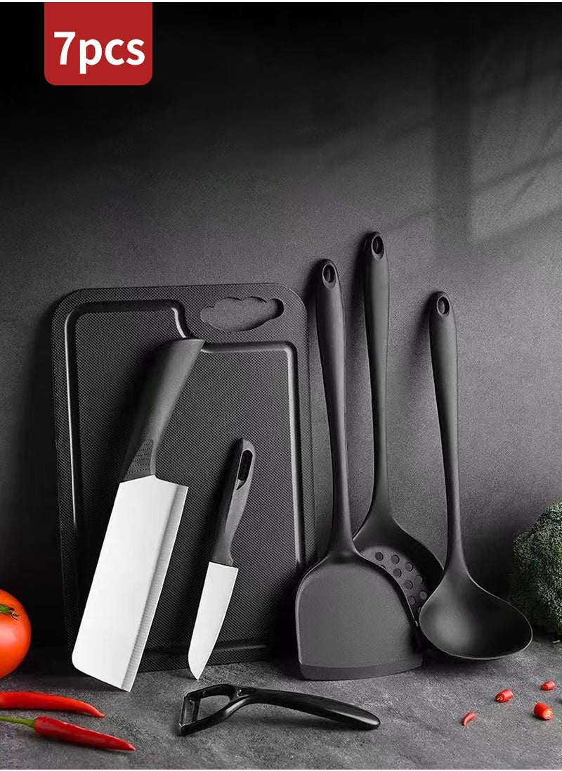 Cookware 7-Piece Knife Set, Stainless Steel Knife Set of 3, Silicone Soup Spoon Set of 3 with Cutting Board, Black