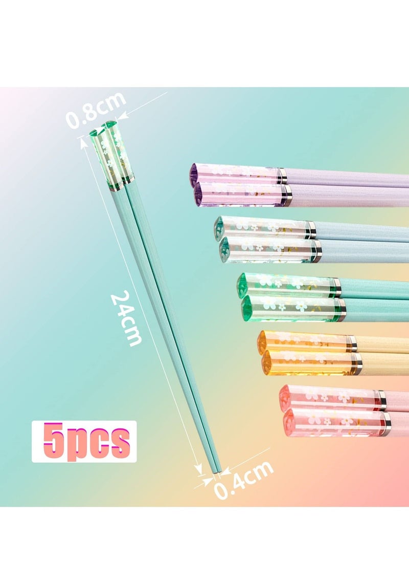 Reusable Chopsticks, 5 Pairs Chopsticks Fiberglass Chop Sticks Dishwasher Safe Reusable Non-Slip Chop Sticks 9.5 Inches Sakura Amber Japanese Chinese Style Colourful Chopstick Family Multipack