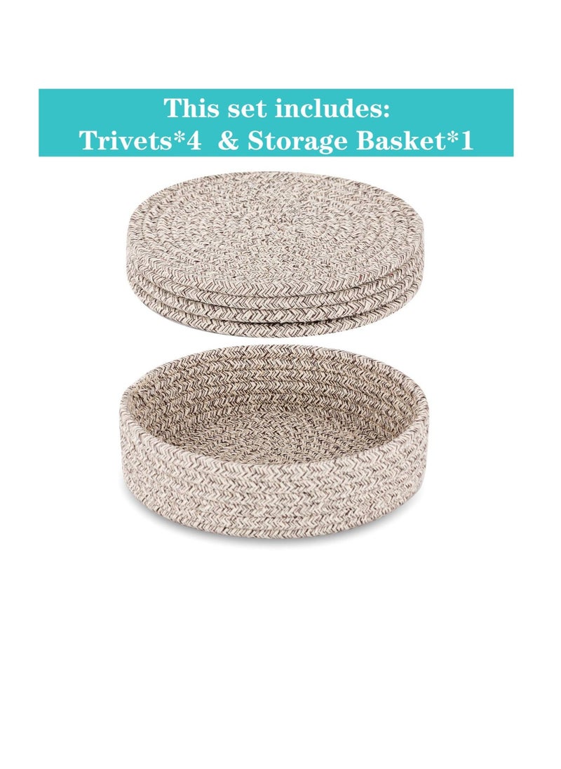 Pot Holders Trivets Set, Trivets for Hot Pots and Pans, Potholders for Kitchens, Hot Pads for Table & Countertop,Coasters 4 Pcs and Storage Basket 1 Pack (Brown)