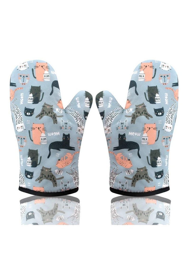 1 Pair Oven Gloves, Kitchen Heat Resistant Anti Scald Gloves for Oven Microwave Pot Lovely Cat Design (Gray)