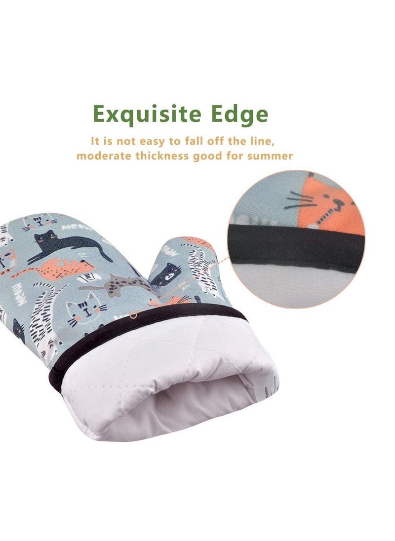 1 Pair Oven Gloves, Kitchen Heat Resistant Anti Scald Gloves for Oven Microwave Pot Lovely Cat Design (Gray)