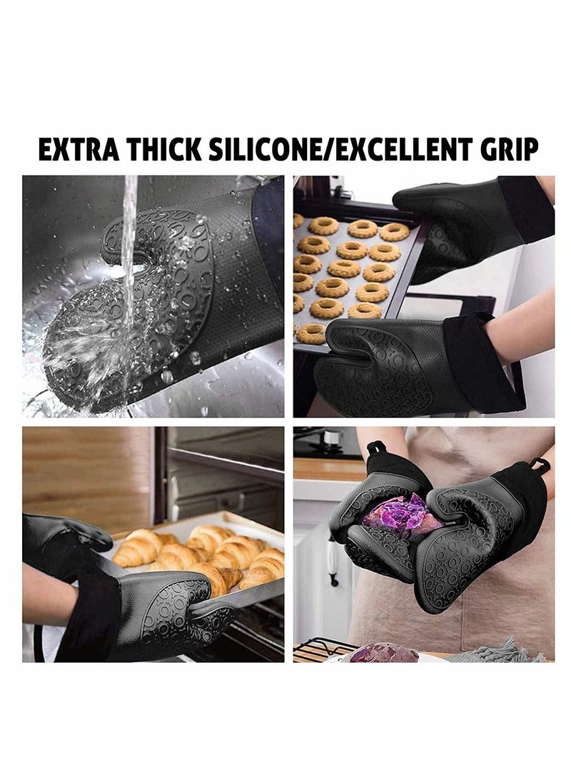 Silicone Oven Mitts and Pot Holders Set, Heat Resistant Silicone Oven Mittens with Mini Oven Gloves and Hot Pads, Pot Holders for Kitchen Baking Cooking, Quilted Liner, Black,Pack of 6