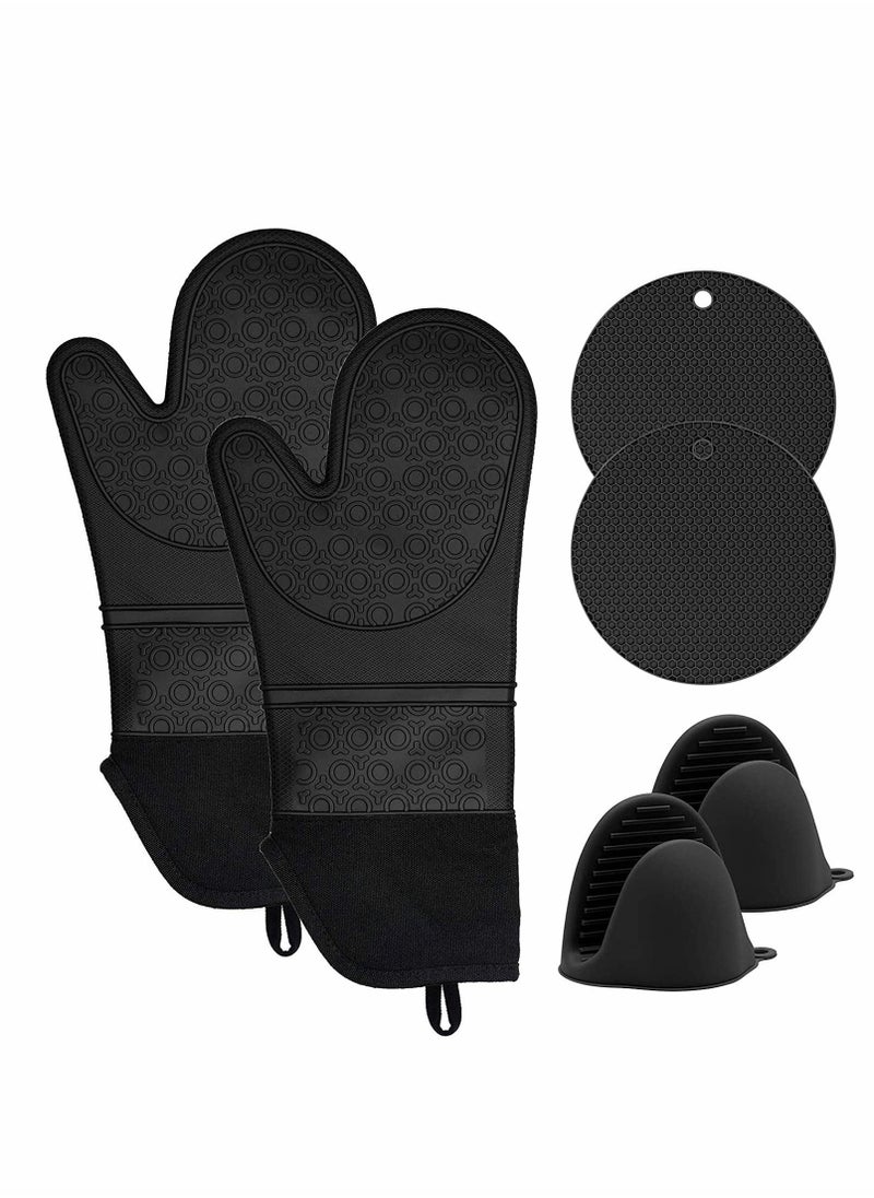 Silicone Oven Mitts and Pot Holders Set, Heat Resistant Silicone Oven Mittens with Mini Oven Gloves and Hot Pads, Pot Holders for Kitchen Baking Cooking, Quilted Liner, Black,Pack of 6