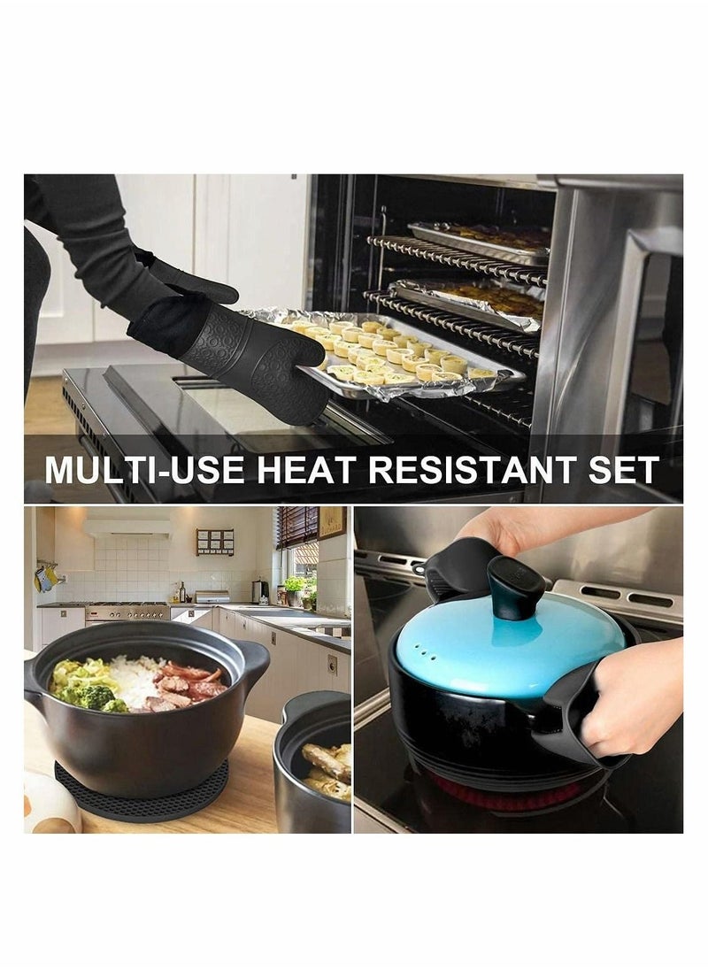Silicone Oven Mitts and Pot Holders Set, Heat Resistant Silicone Oven Mittens with Mini Oven Gloves and Hot Pads, Pot Holders for Kitchen Baking Cooking, Quilted Liner, Black,Pack of 6