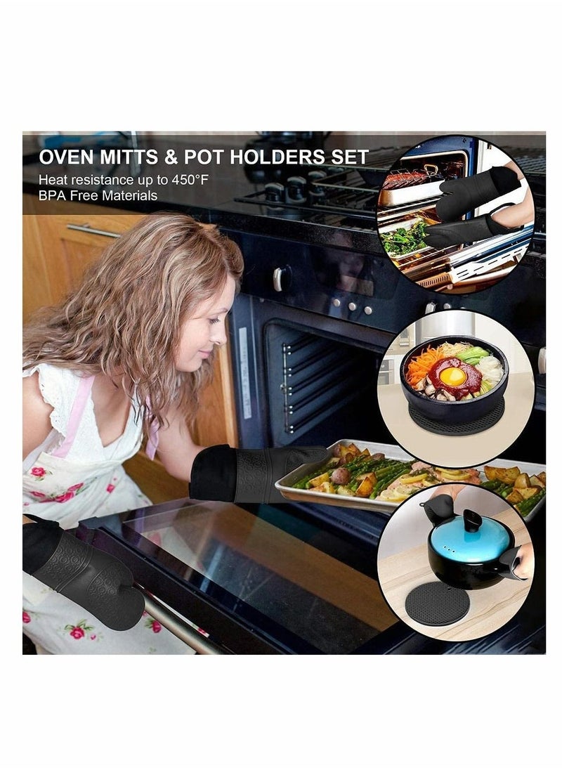 Silicone Oven Mitts and Pot Holders Set, Heat Resistant Silicone Oven Mittens with Mini Oven Gloves and Hot Pads, Pot Holders for Kitchen Baking Cooking, Quilted Liner, Black,Pack of 6