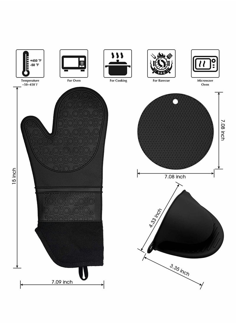 Silicone Oven Mitts and Pot Holders Set, Heat Resistant Silicone Oven Mittens with Mini Oven Gloves and Hot Pads, Pot Holders for Kitchen Baking Cooking, Quilted Liner, Black,Pack of 6
