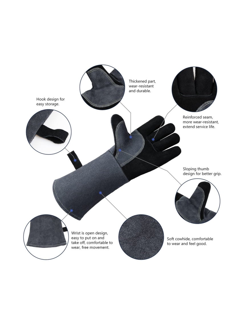 Resistant Oven Gloves Mitts, 932℉/500℃ Heat Resistant Pizza Oven Mitts, for Grill Heat Insulation Leather Forging Welding Gloves, for Cooking, Kitchen, Camping, Fireplace, Grilling (Black-16inch)