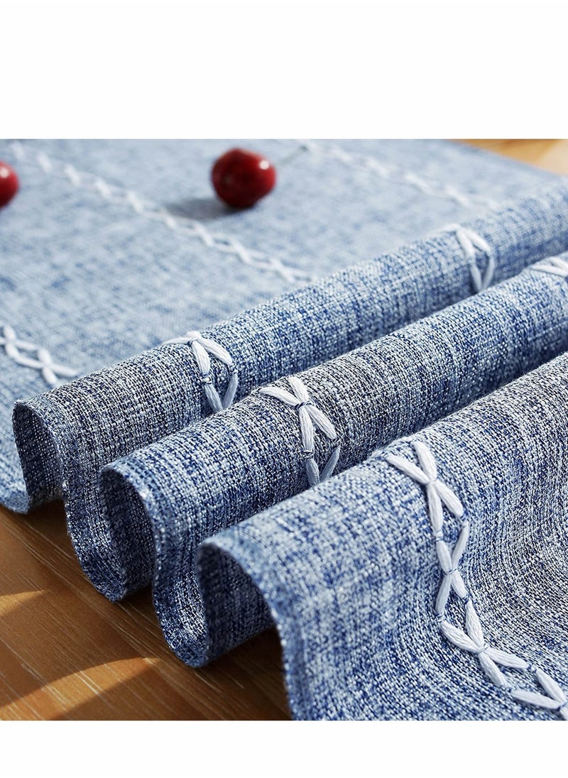 Table Runner, Rustic Linen Table Runner with Handmade Tassel, Embroidered Farmhouse Style Table Runners 90 Inches Long for Party and Dining Room Dining Holiday Decorations, 13 x 90 Inch, Blue