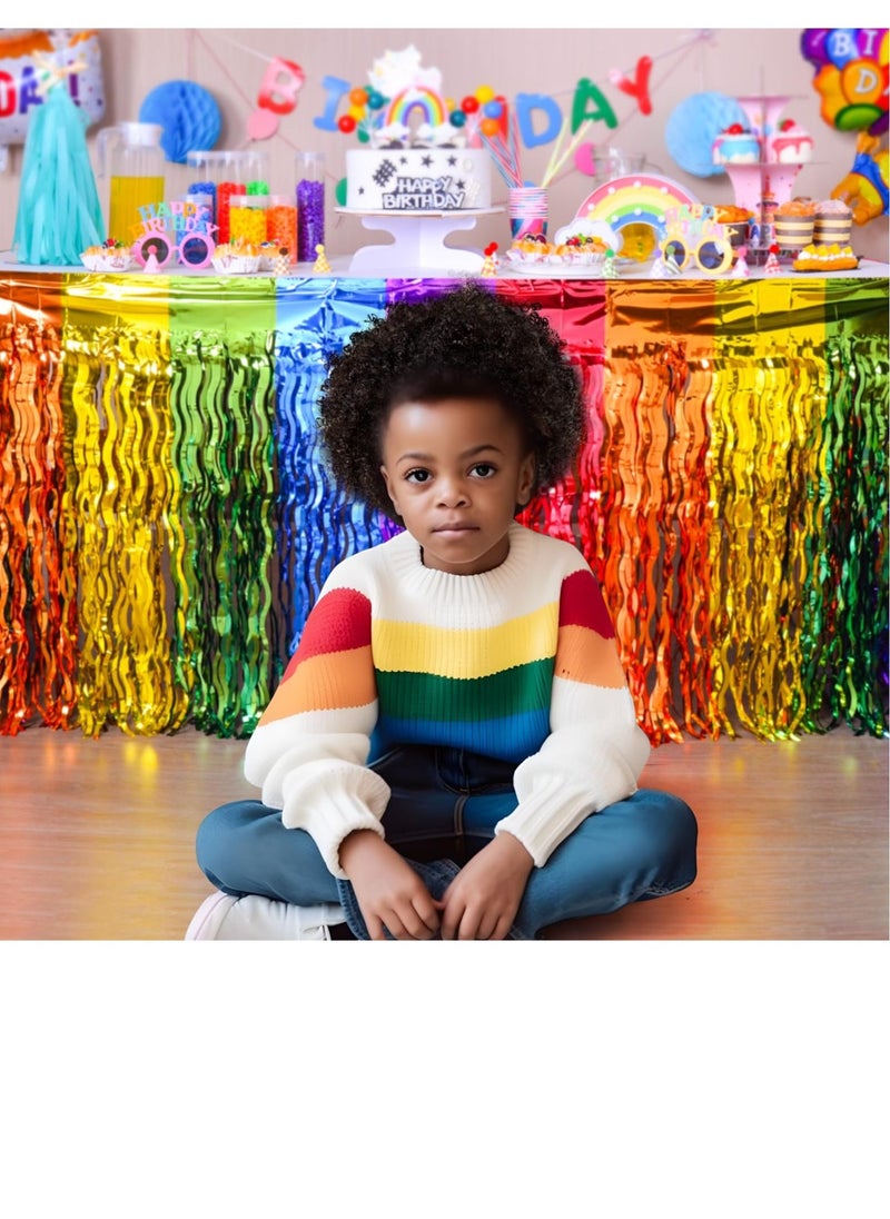 Rainbow Party Decorations, Rainbow Wavy Table Skirt Party Decorations, 2 Pack Metallic Tinsel Foil Fringe Table Skirts, Perfect Table Decors for Birthday, Holiday, Wedding, Engagement, Bridal Shower