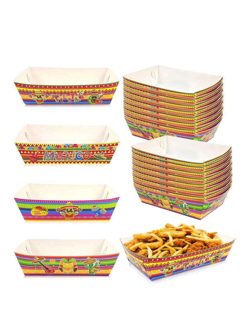 48 Pack Disposable Paper Food Trays, Mexican Fiesta Print Party Supplies Disposable Food Trays for Fiesta Mexican Birthday Carnivals Picnics Party Supplies, High Capacity Durable Boats