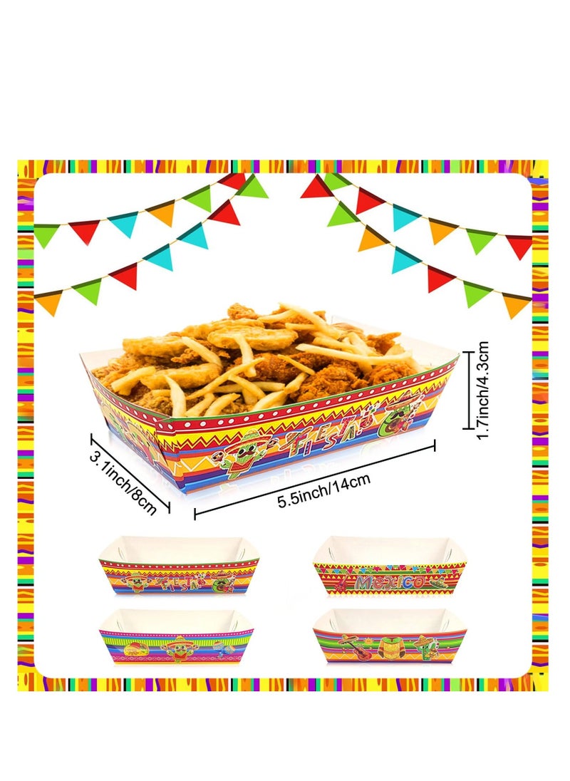 48 Pack Disposable Paper Food Trays, Mexican Fiesta Print Party Supplies Disposable Food Trays for Fiesta Mexican Birthday Carnivals Picnics Party Supplies, High Capacity Durable Boats