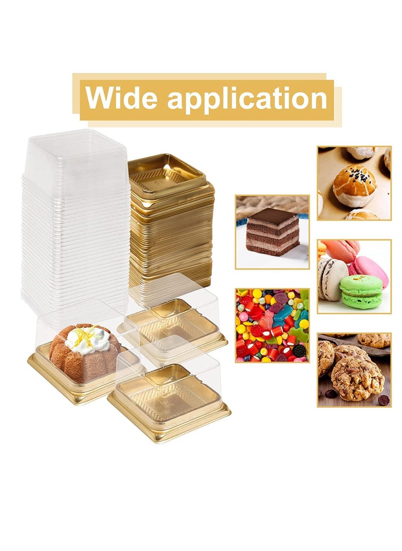 50-Pack Clear Plastic Cupcake Boxes, Mini Mooncake Containers for Cakes, Cookies, and Muffins, Ideal for Baby Showers, Weddings, and Birthday Parties (Gold Base)