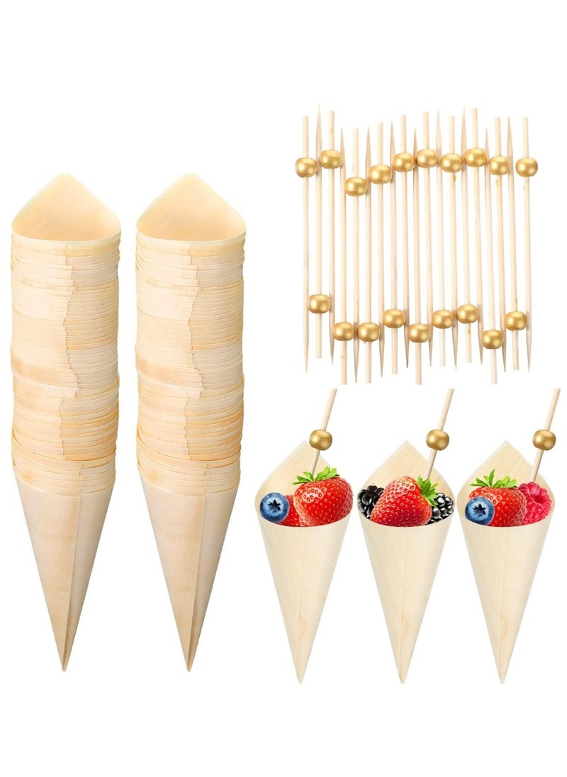 200 Pcs Disposable Wood Cones Pearl Cocktail Picks Fancy Bamboo Toothpicks for Appetizers Wooden Food Picks Ice Cream Cone Holder Cocktail Skewers for Drinks Wedding Birthday Party