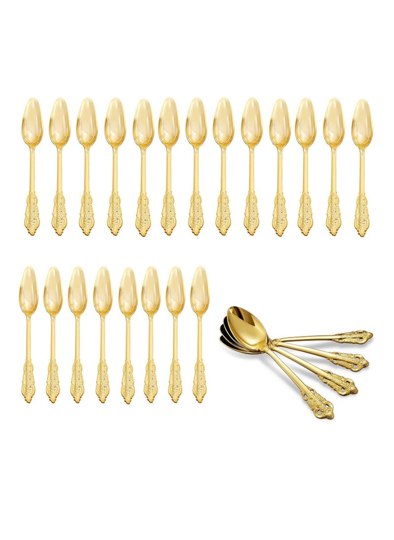 Gold Plastic Spoons Disposable, 25Pcs Dessert Spoon, 6.93 Inch Baroque Gold Plastic Silverware for Dessert Cake, Heavy Duty Plastic Spoons for Party, Wedding, Gorgeous Design Gold Spoons