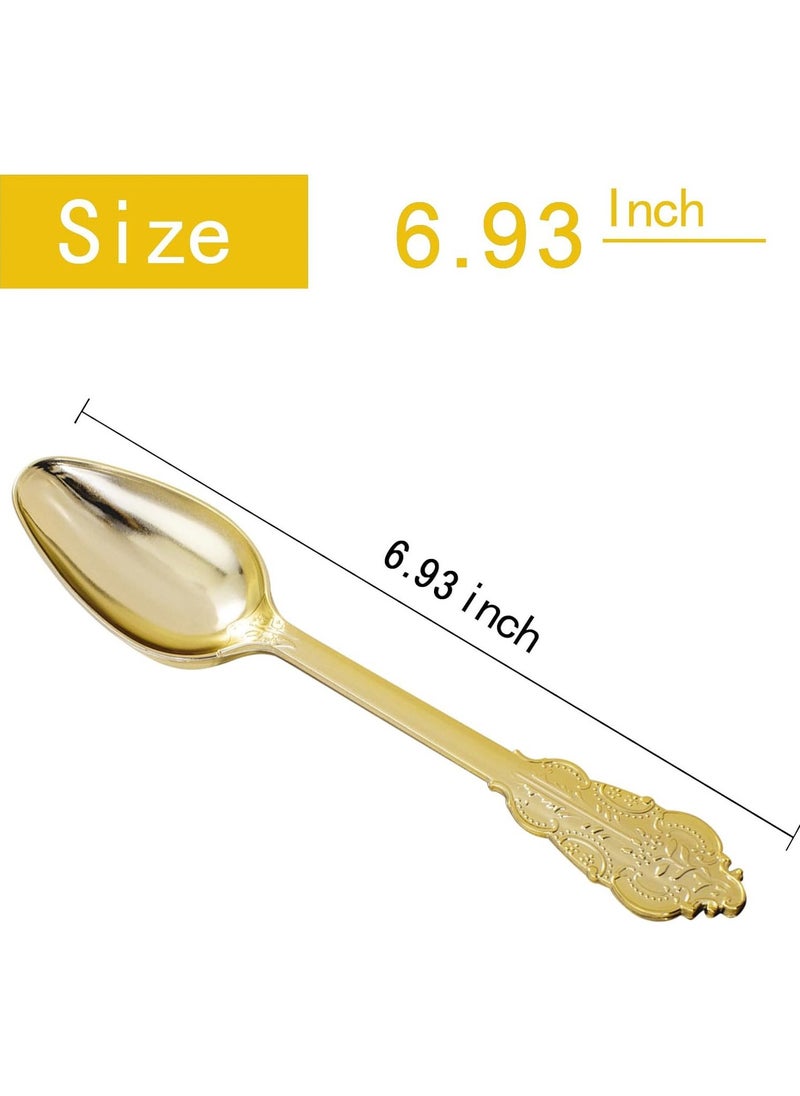 Gold Plastic Spoons Disposable, 25Pcs Dessert Spoon, 6.93 Inch Baroque Gold Plastic Silverware for Dessert Cake, Heavy Duty Plastic Spoons for Party, Wedding, Gorgeous Design Gold Spoons