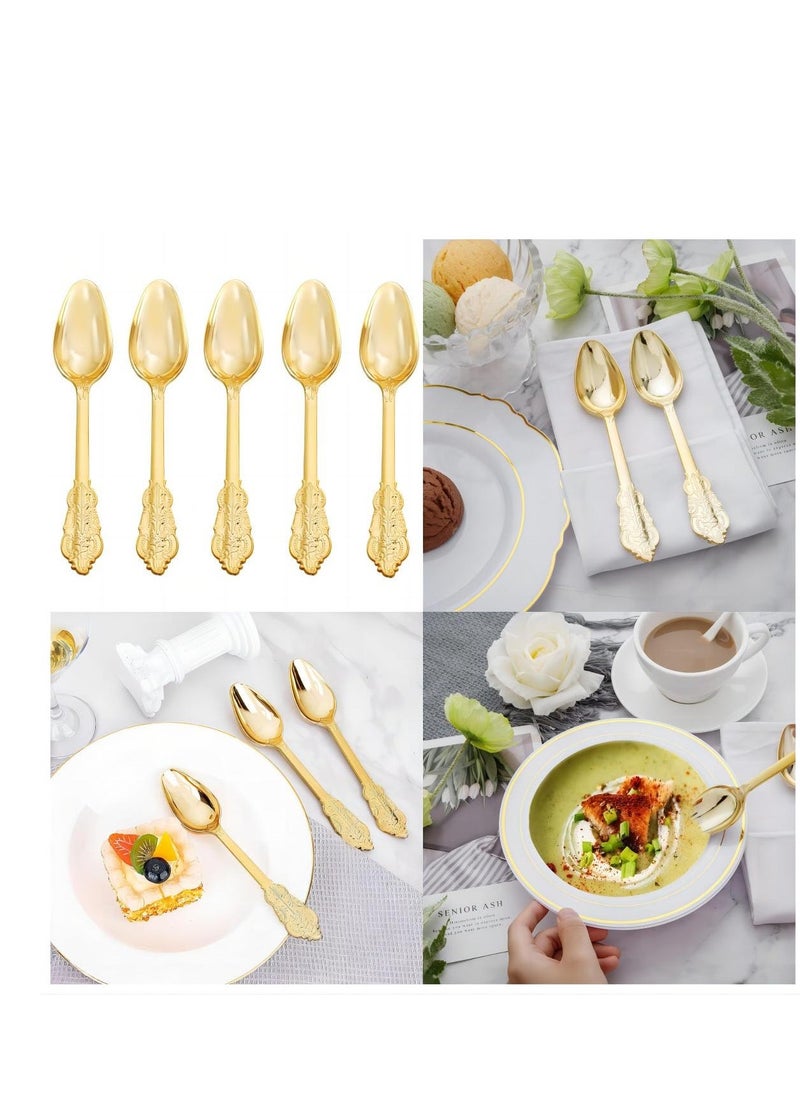 Gold Plastic Spoons Disposable, 25Pcs Dessert Spoon, 6.93 Inch Baroque Gold Plastic Silverware for Dessert Cake, Heavy Duty Plastic Spoons for Party, Wedding, Gorgeous Design Gold Spoons