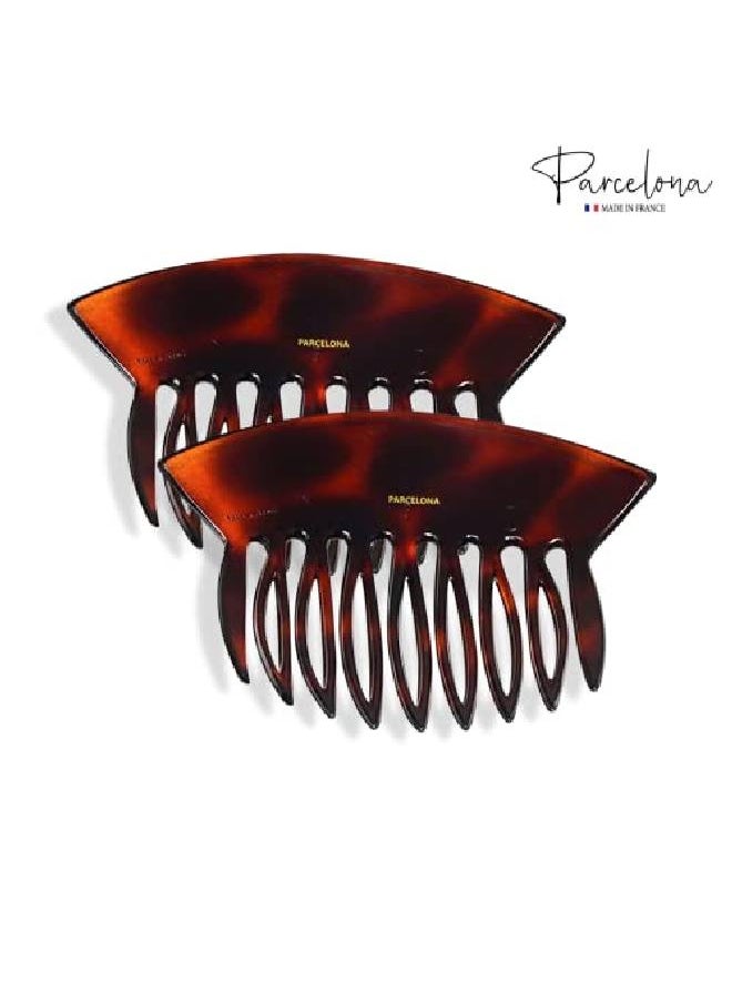 French Wide Edge Tortoise Shell Brown Large 4” Celluloid Set Of 2 Strong Grip Side Hair Combs For Women And Girls