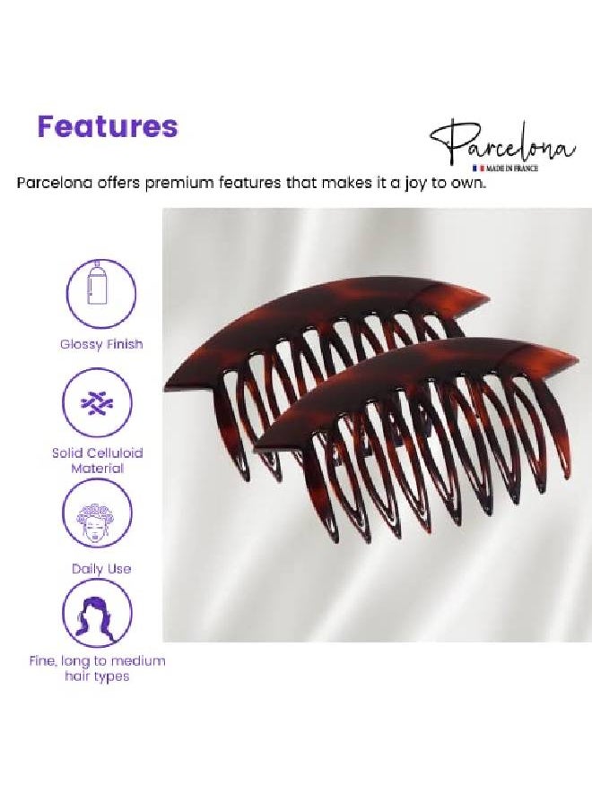 French Wide Edge Tortoise Shell Brown Large 4” Celluloid Set Of 2 Strong Grip Side Hair Combs For Women And Girls