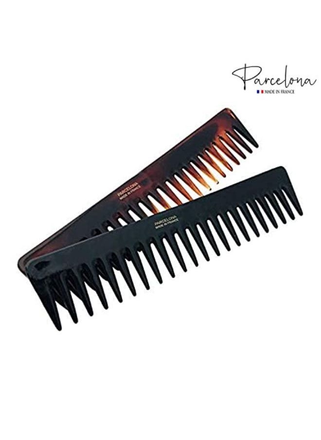 French Long Set Of 2 Rake Vo Tortoise Shell And Black Color Celluloid Wide Hair Detangling Combs For Women And Girls, Made In France