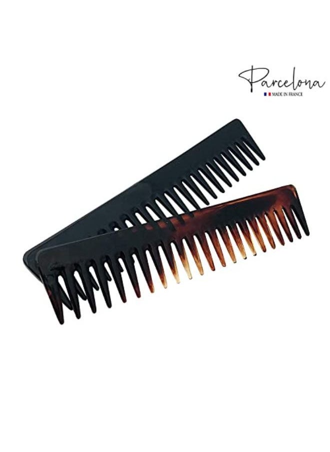 French Long Set Of 2 Rake Vo Tortoise Shell And Black Color Celluloid Wide Hair Detangling Combs For Women And Girls, Made In France